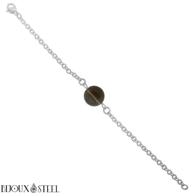 Bracelet à perle de quartz fumé en acier inoxydable