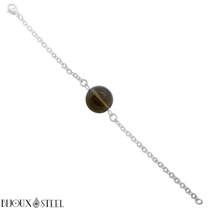 Bracelet à perle de quartz fumé en acier inoxydable