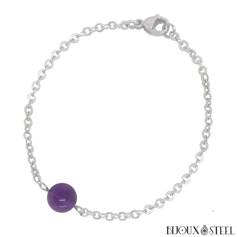 Bracelet à perle d'améthyste en acier inoxydable