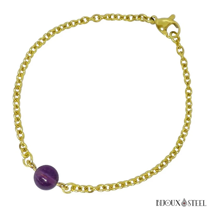 Bracelet à perle d'améthyste en acier inoxydable