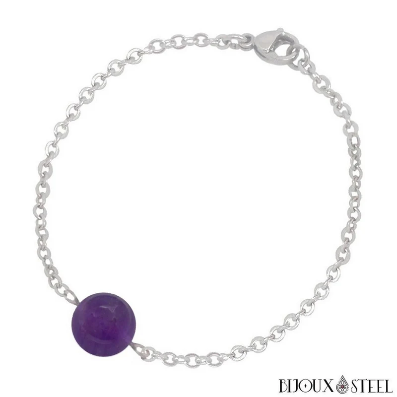 Bracelet à perle d'améthyste en acier inoxydable
