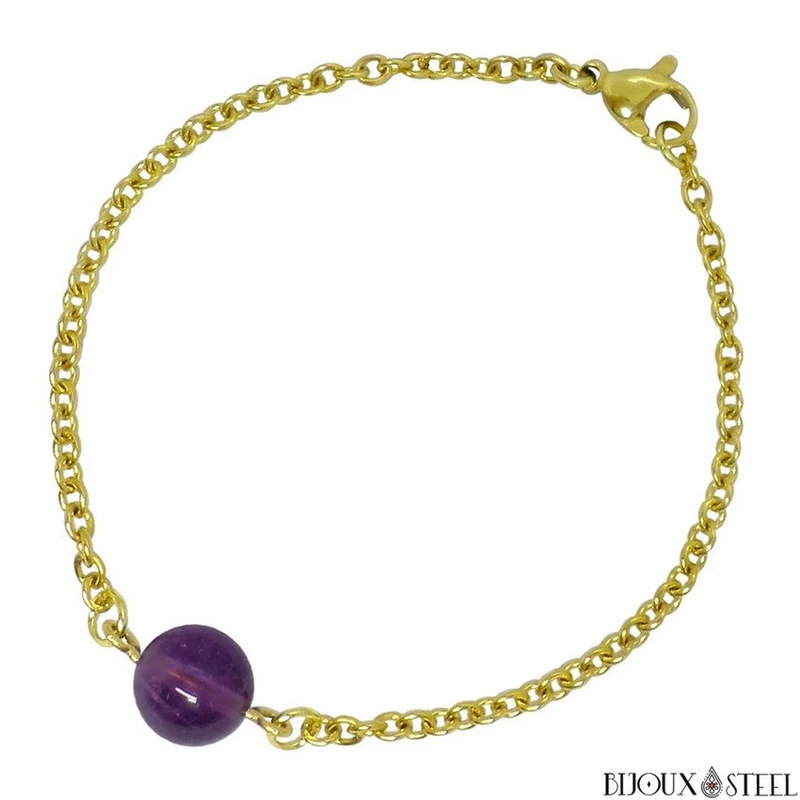 Bracelet à perle d'améthyste en acier inoxydable