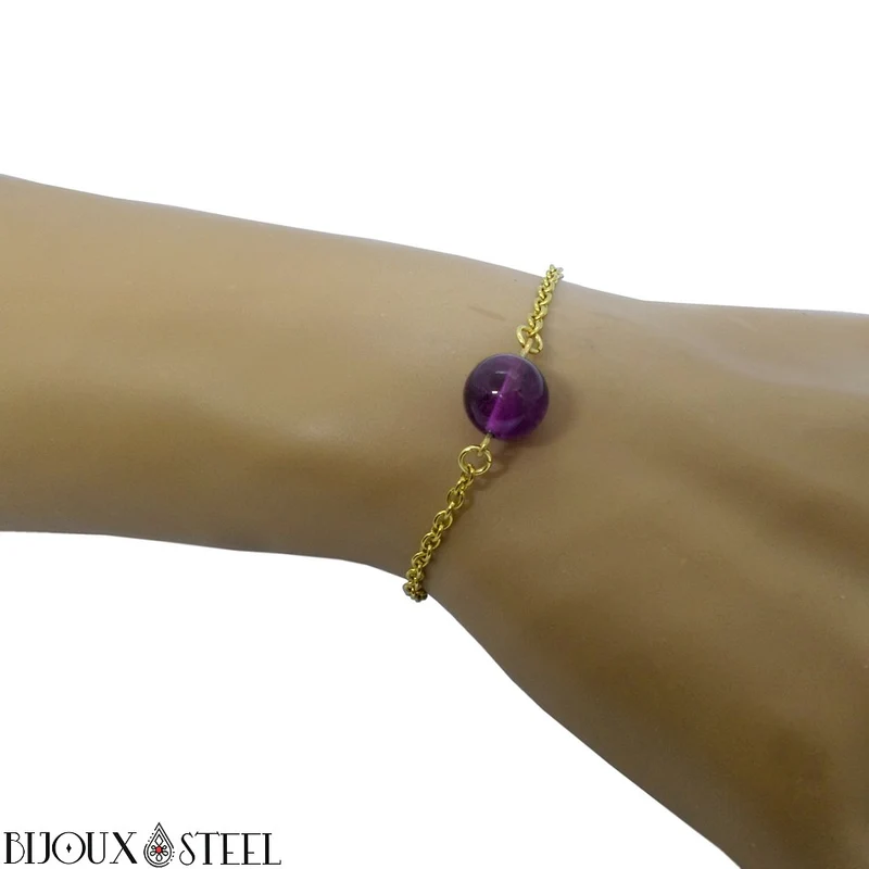 Bracelet à perle d'améthyste en acier inoxydable