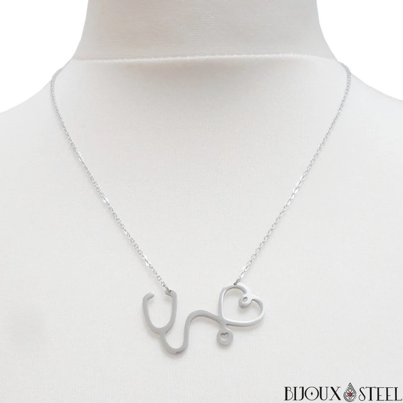 Collier stéthoscope et coeur en acier inoxydable