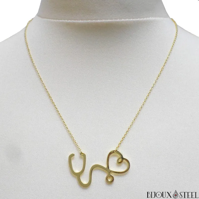 Collier stéthoscope et coeur en acier inoxydable