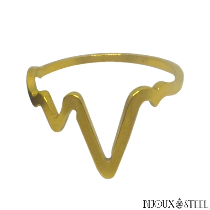 Bague rythme cardiaque dorée en acier chirurgical