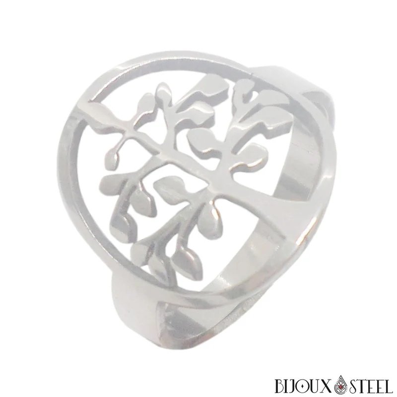 Bague argentée arbre de vie encerclé en acier chirurgical