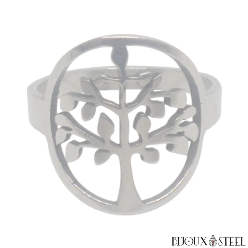 Bague argentée arbre de vie encerclé en acier chirurgical