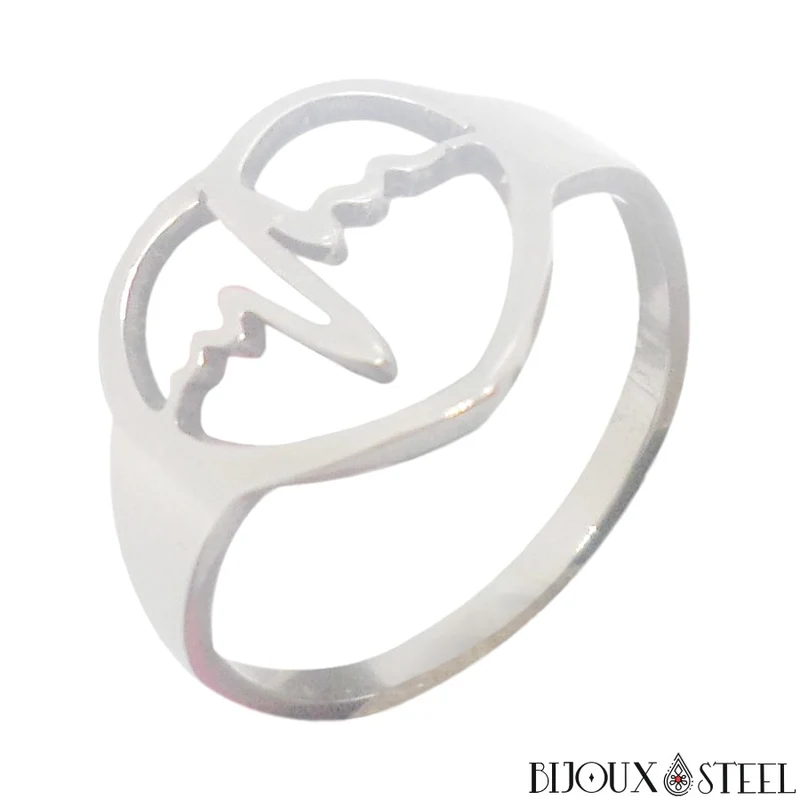 Bague de vie à coeur et rythme cardiaque argentée en acier chirurgical
