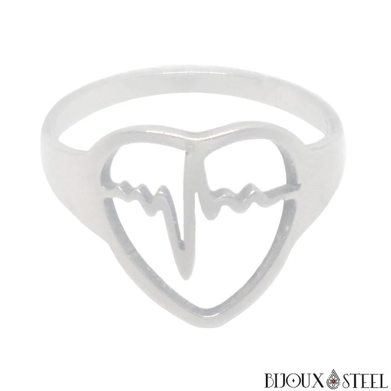 Bague de vie à coeur et rythme cardiaque argentée en acier chirurgical
