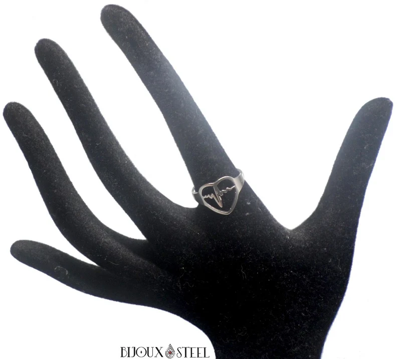 Bague de vie à coeur et rythme cardiaque argentée en acier chirurgical