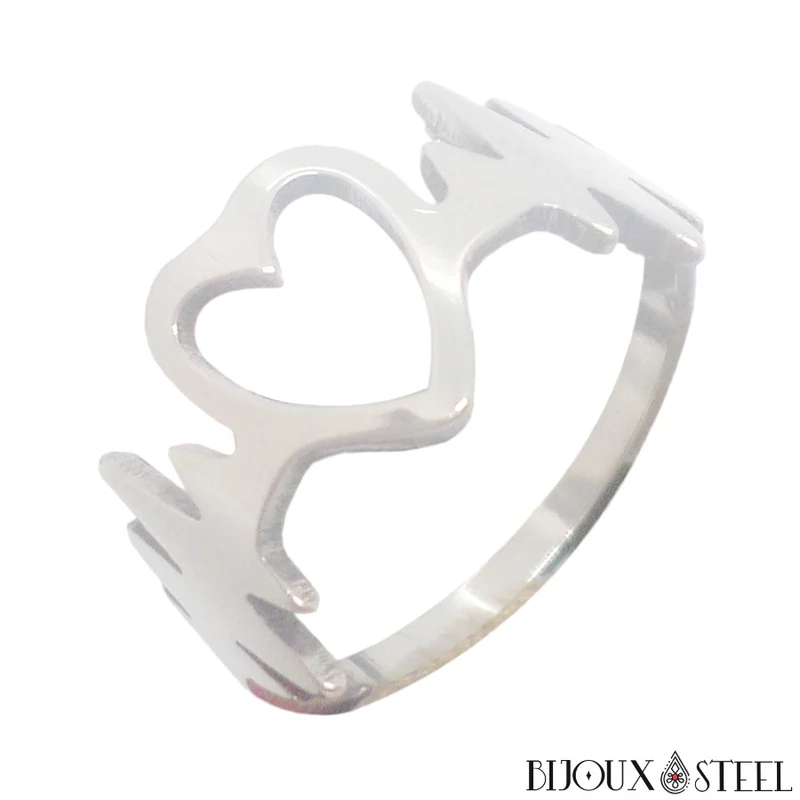 Bague argentée coeur et fréquence cardiaque en acier chirurgical