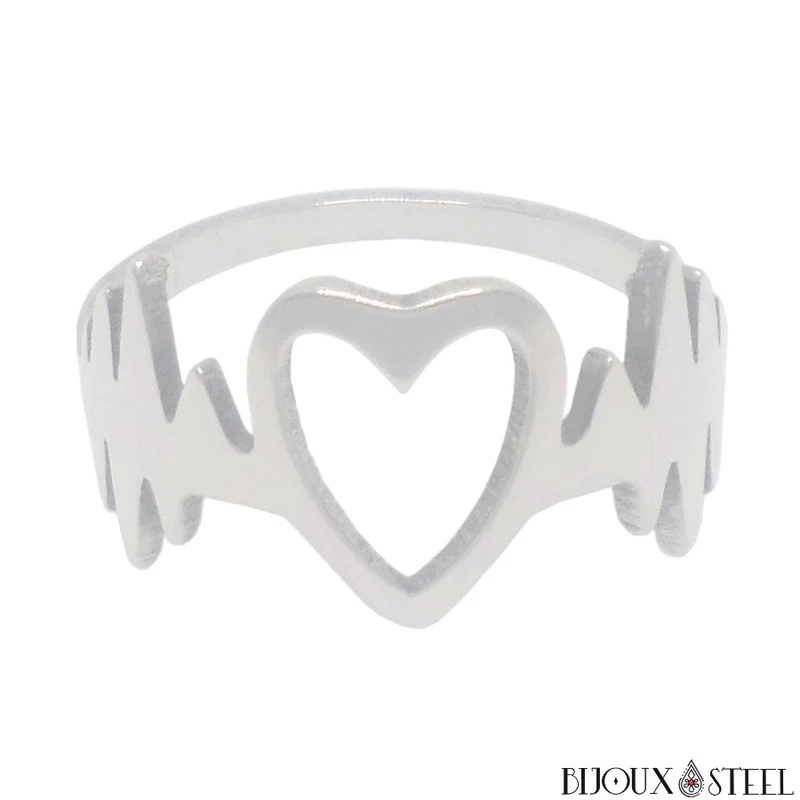 Bague argentée coeur et fréquence cardiaque en acier chirurgical