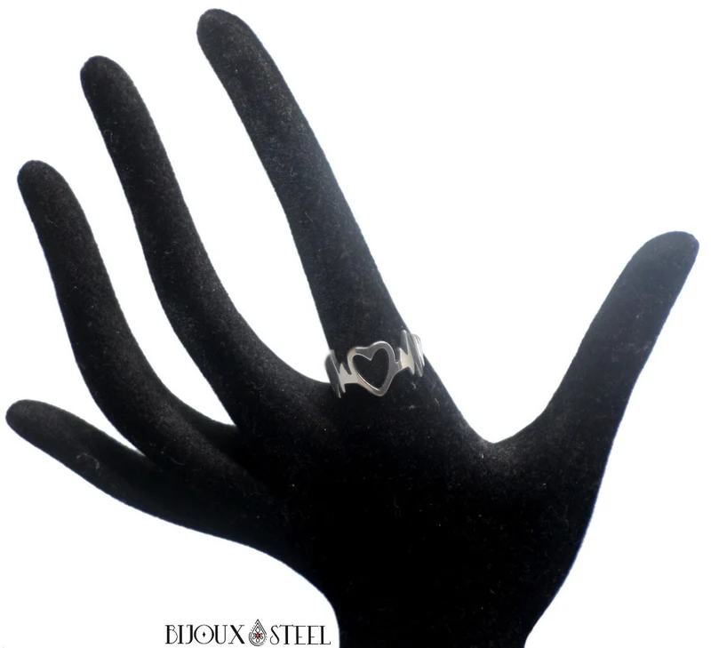 Bague argentée coeur et fréquence cardiaque en acier chirurgical