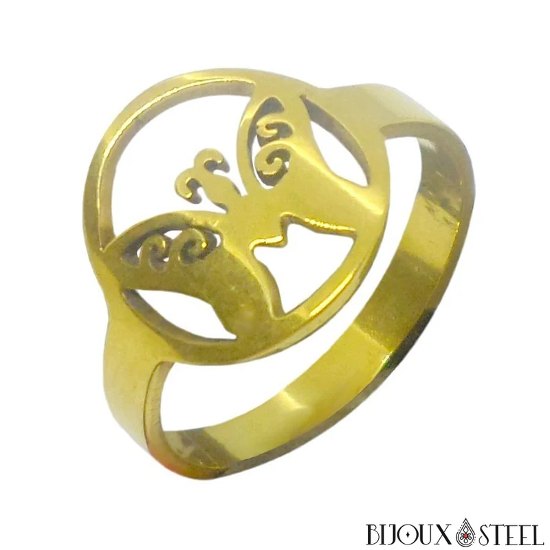Bague dorée à papillon encerclé en acier chirurgical