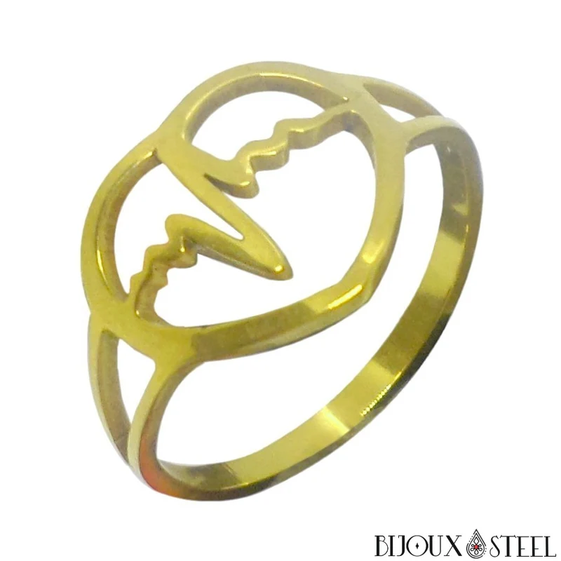 Bague de vie à coeur et rythme cardiaque dorée en acier chirurgical