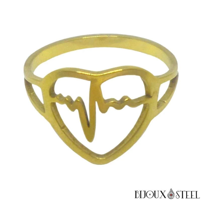 Bague de vie à coeur et rythme cardiaque dorée en acier chirurgical