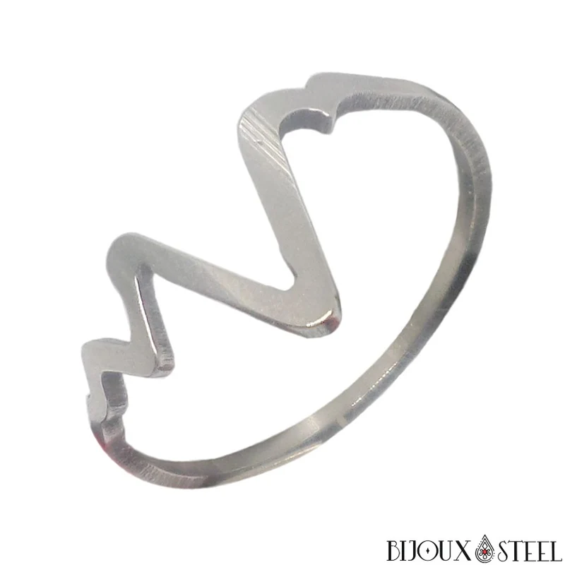 Bague rythme cardiaque argentée en acier chirurgical