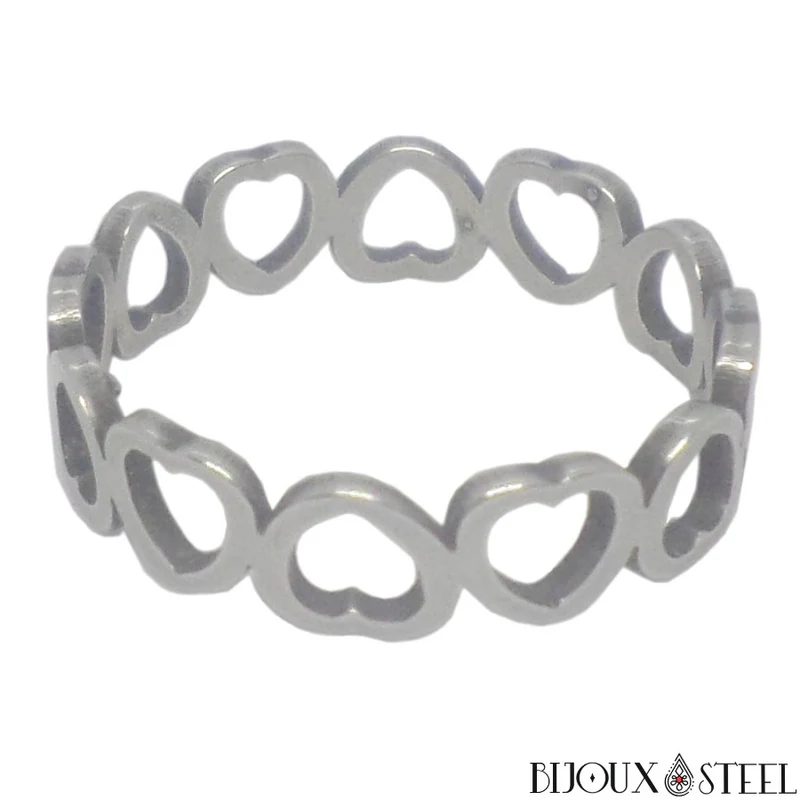 Bague coeurs argentés en acier chirurgical