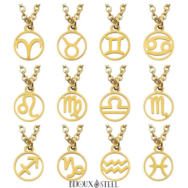 Collier à pendentif signe astrologique doré en acier inoxydable