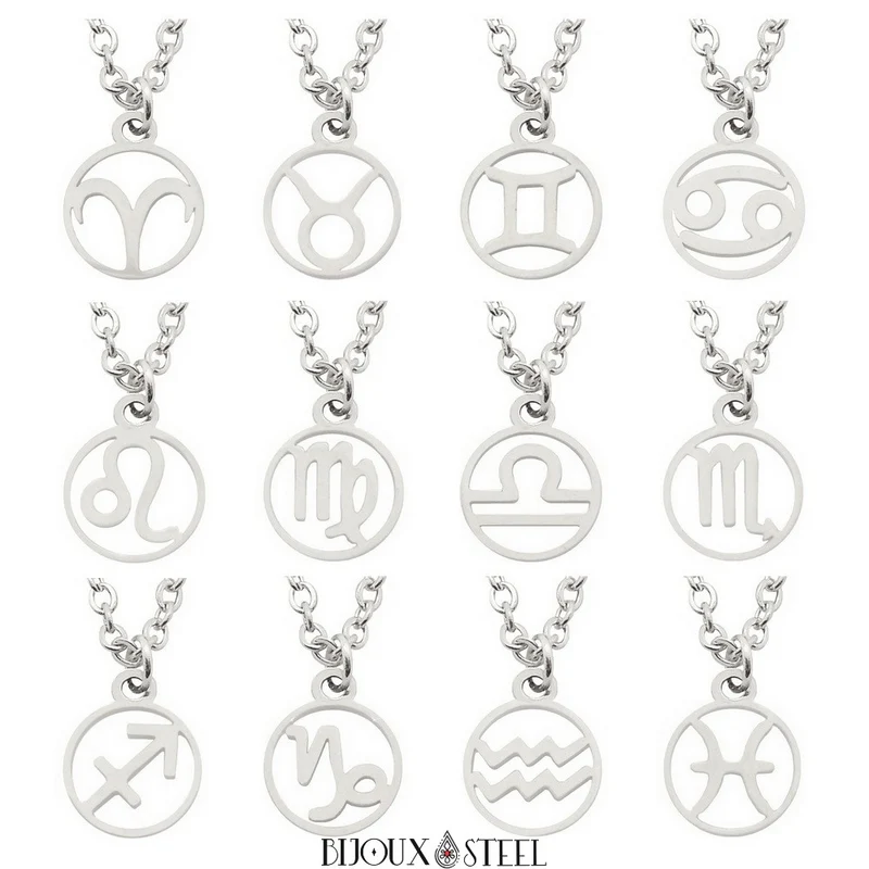 Collier à pendentif signe astrologique argenté en acier inoxydable