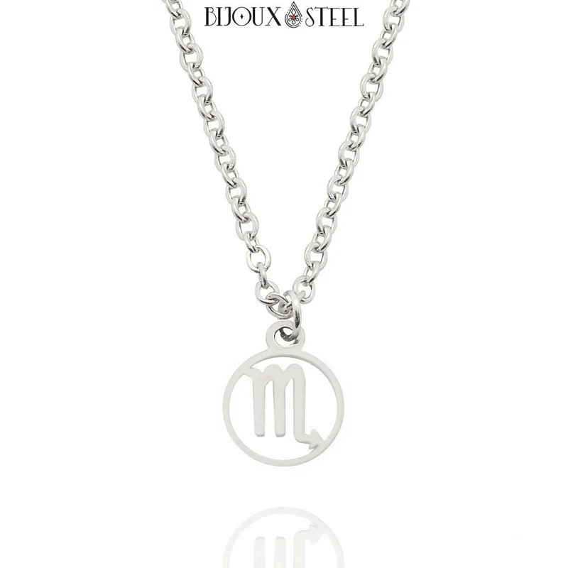 Collier à pendentif signe astrologique argenté en acier inoxydable