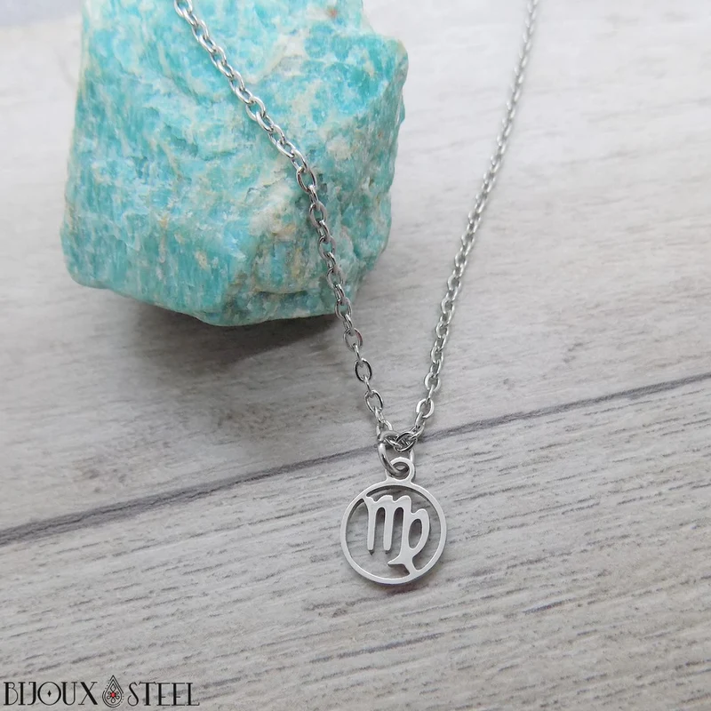 Collier à pendentif signe astrologique argenté en acier inoxydable