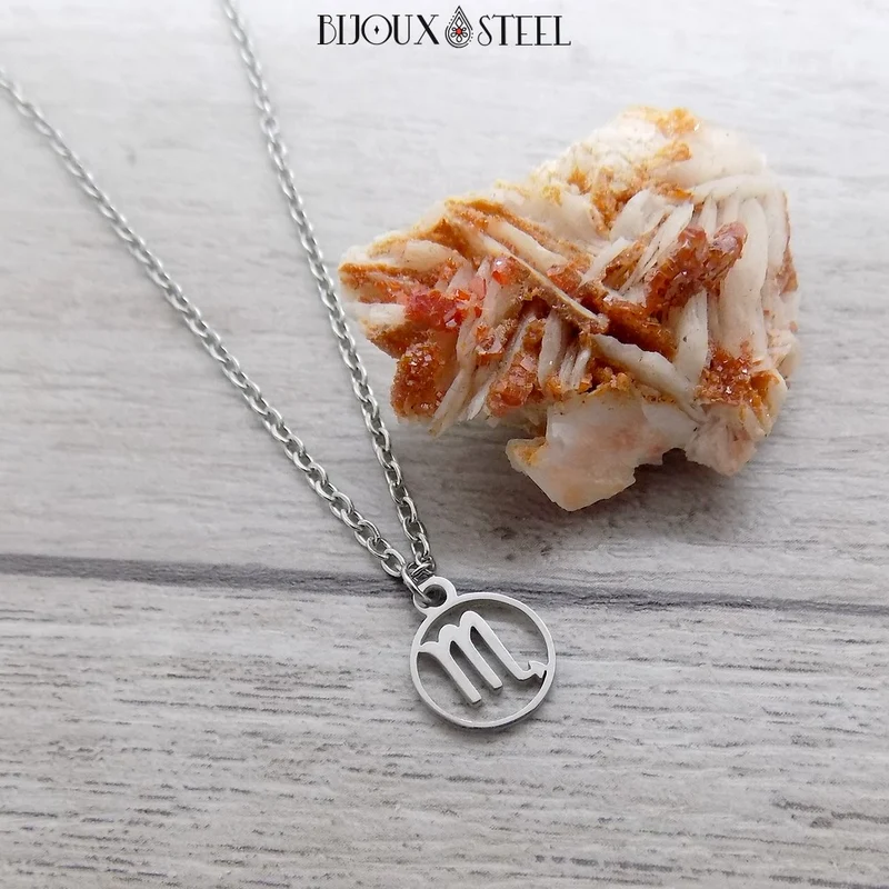 Collier à pendentif signe astrologique argenté en acier inoxydable