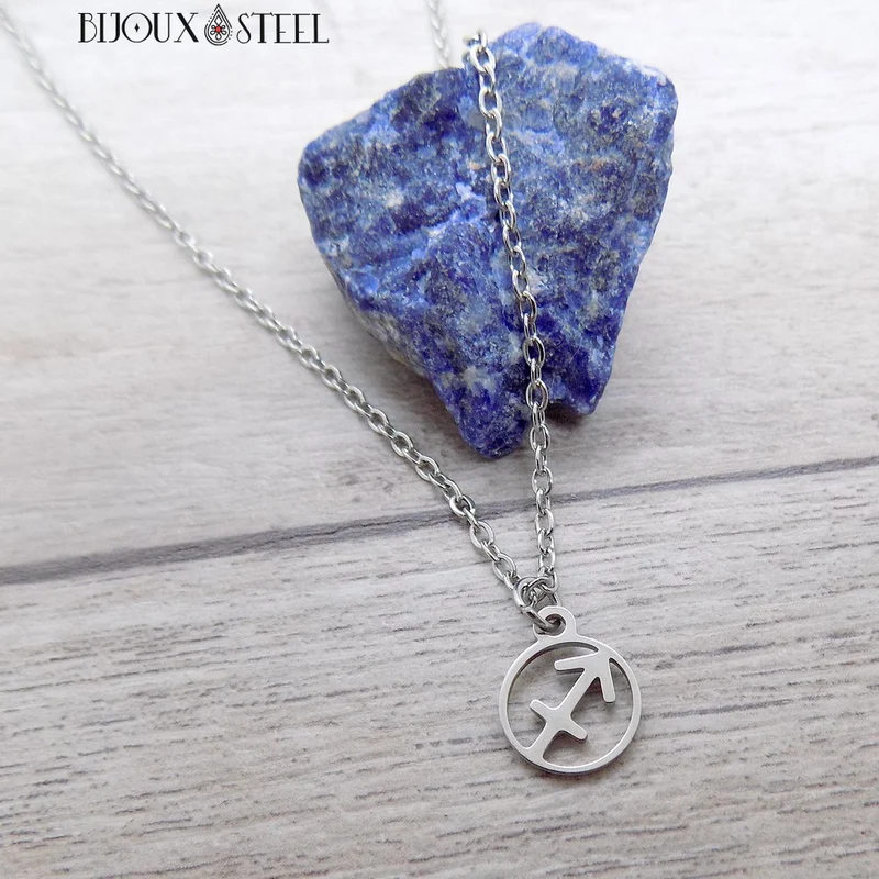 Collier à pendentif signe astrologique argenté en acier inoxydable