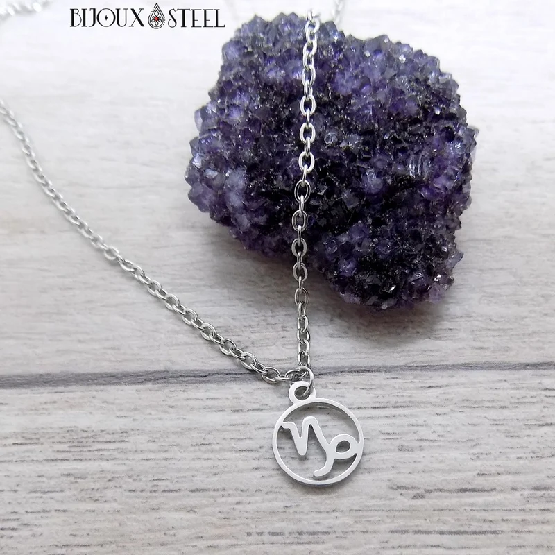 Collier à pendentif signe astrologique argenté en acier inoxydable