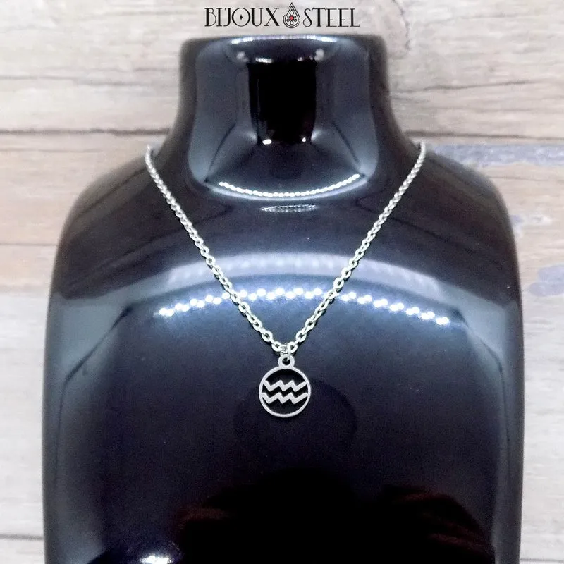 Collier à pendentif signe astrologique argenté en acier inoxydable
