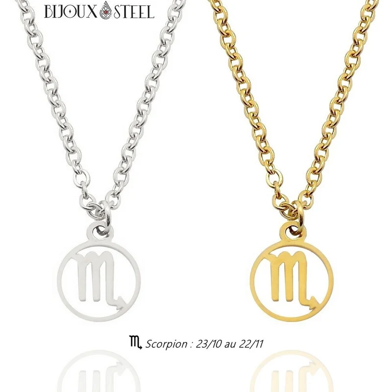 Collier à pendentif signe astrologique scorpion en acier inoxydable