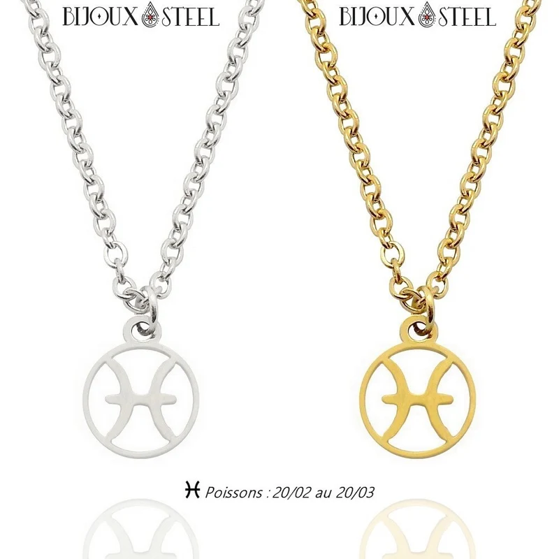 Collier à pendentif signe astrologique poissons en acier inoxydable