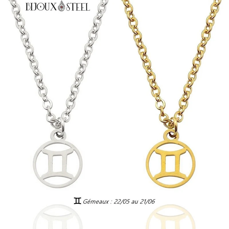 Collier à pendentif signe astrologique gémeaux en acier inoxydable