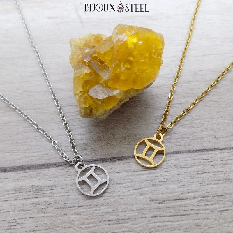 Collier à pendentif signe astrologique gémeaux en acier inoxydable