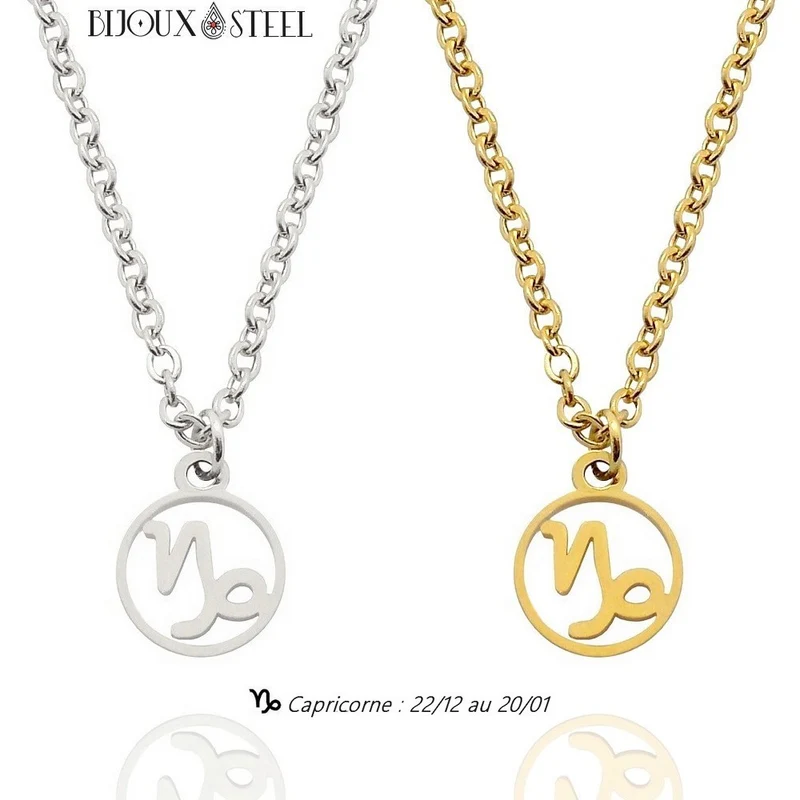 Collier à pendentif signe astrologique capricorne en acier inoxydable