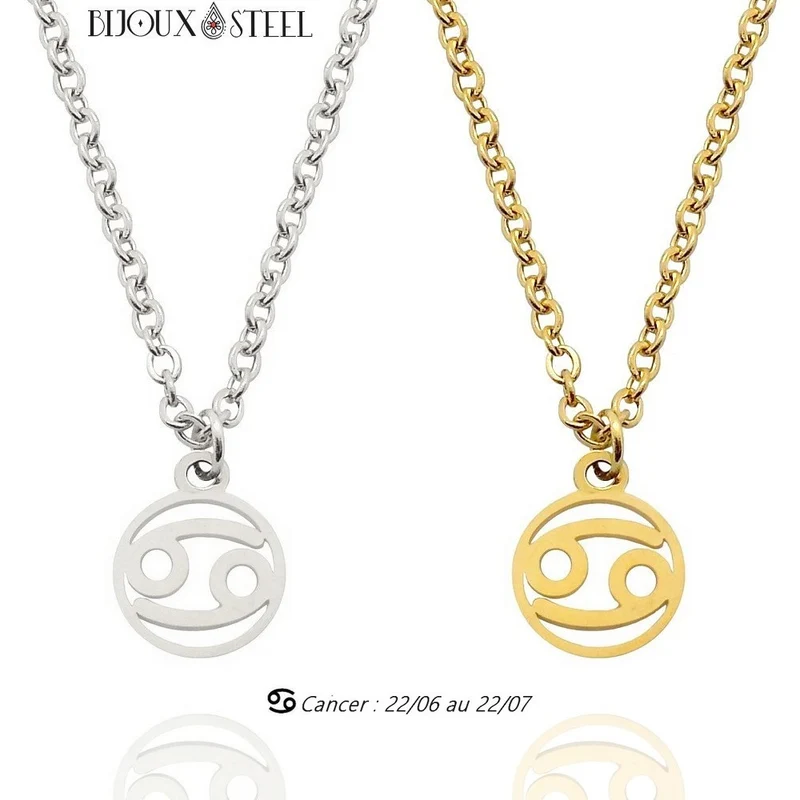Collier à pendentif signe astrologique cancer en acier inoxydable