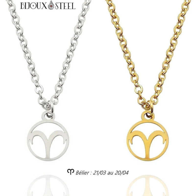 Collier à pendentif signe astrologique bélier en acier inoxydable