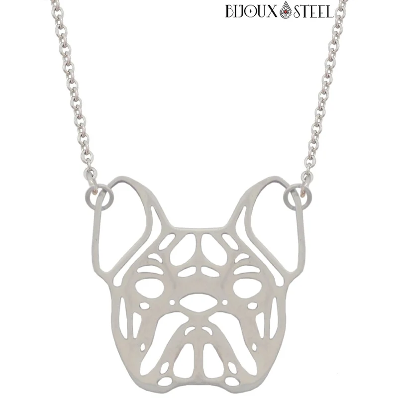 Collier tête de bouledogue style origami en acier inoxydable