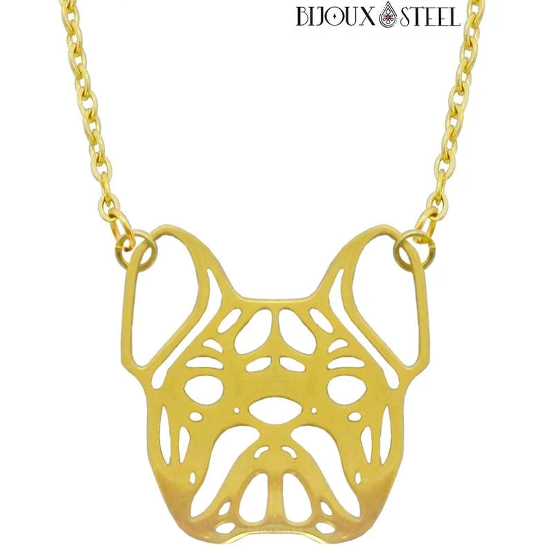 Collier tête de bouledogue style origami en acier inoxydable