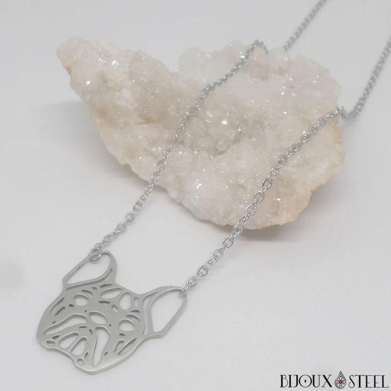 Collier tête de bouledogue style origami en acier inoxydable