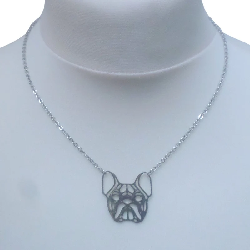 Collier tête de bouledogue style origami en acier inoxydable