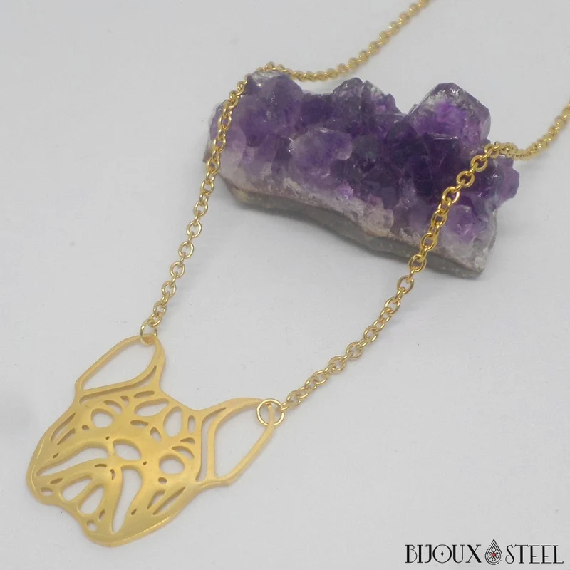 Collier tête de bouledogue style origami en acier inoxydable