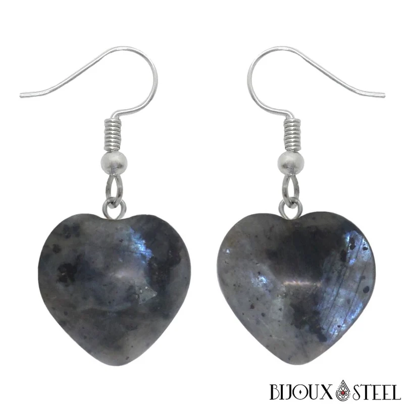 Boucles d'oreilles pendantes coeurs en pierre de labradorite