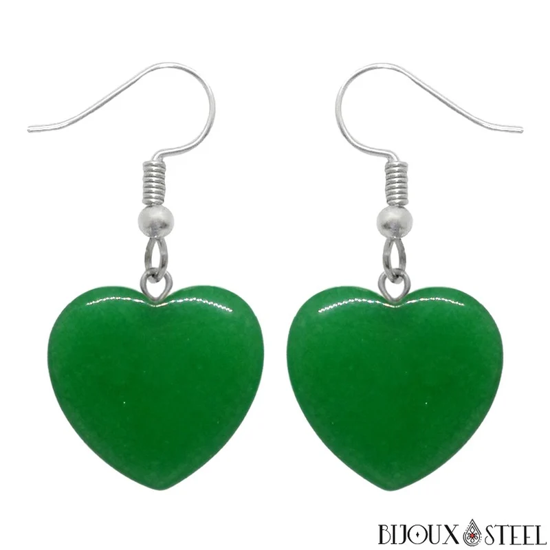 Boucles d'oreilles pendantes coeurs en pierre de jade de Malaisie