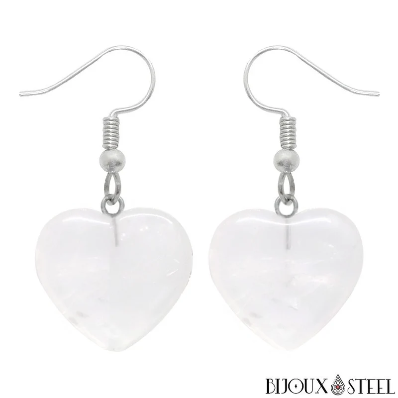 Boucles d'oreilles pendantes coeurs en pierre de cristal de roche