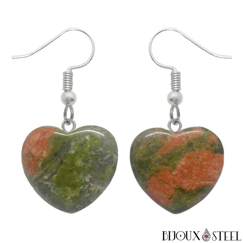 Boucles d'oreilles pendantes coeurs en pierre d'unakite