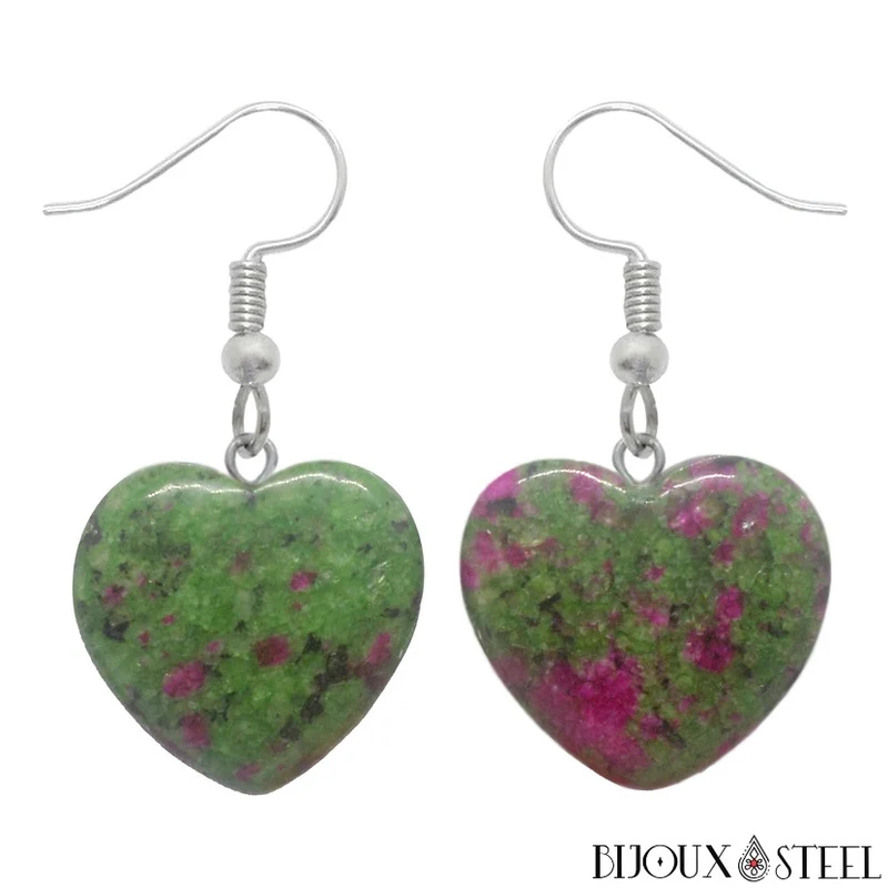 Boucles d'oreilles pendantes coeurs en pierre de rubis zoisïte