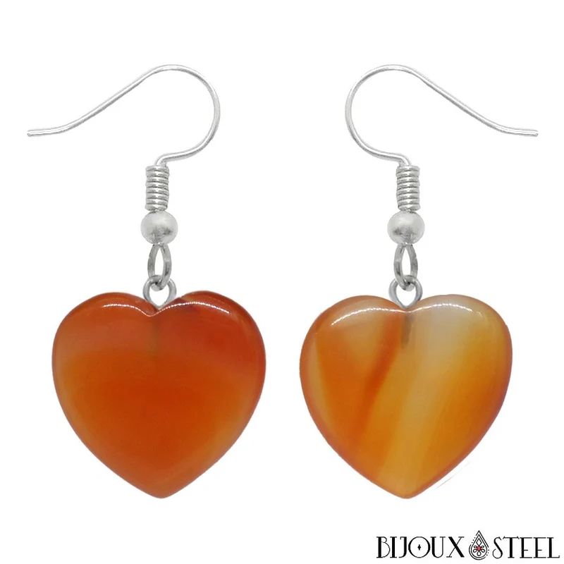 Boucles d'oreilles pendantes coeurs en pierre d'agate rouge