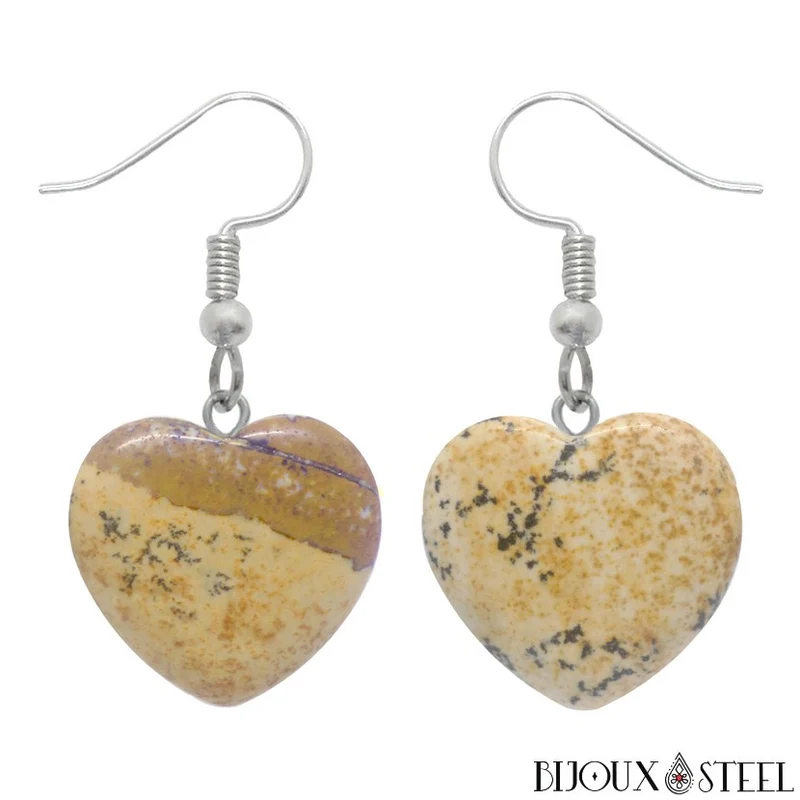 Boucles d'oreilles pendantes coeurs en pierre naturelle de jaspe paysage